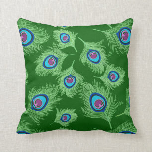 Coussin Plumes de chaux et de paon bleu sur vert émeraude
