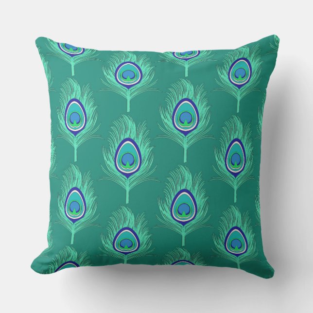 Coussin Plumes de paon, Aqua sur Turquoise / Peacock (Recto)