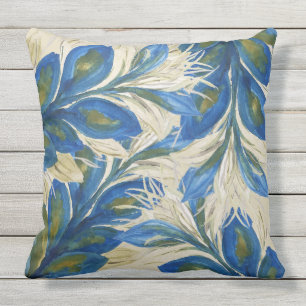 Coussin Plumes de Paon Bleu Aquarelle Peintes à la Main