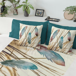 Coussin Plumes en aquarelle sur l'herbe séchée arrière - p