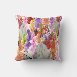 Coussin Plumes et fleurs : Coq parmi les Hollyhocks