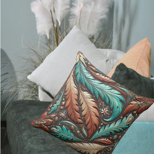 Coussin Plumes Turquoise en Cuir à Outils Occidentaux