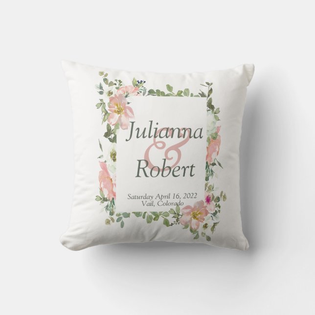 Coussin Plutôt rose aquarelle mariage floral jeter pilule (Recto)