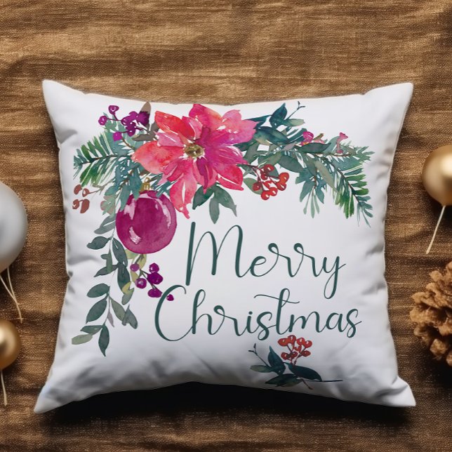 Coussin Poinsettia Aquarelle Ajouter un nom Joyeux Noël (Créateur téléchargé)
