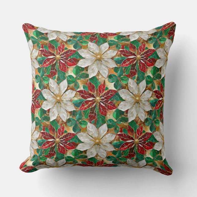 Coussin Poinsettia Blanc Rouge Vert Or (Recto)