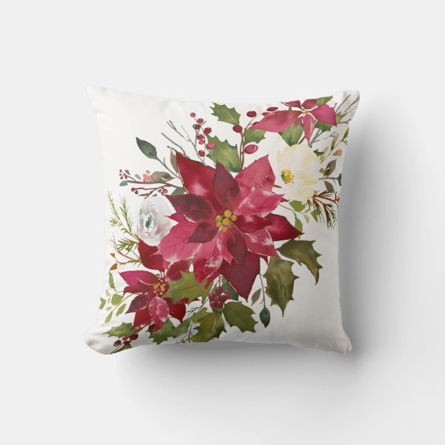 Coussin Poinsettia d'aquarelle de Noël (Recto)