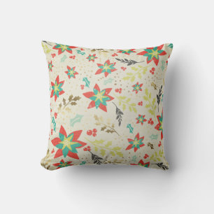 Coussin Poinsettia de Noël avec Feuilles et baies