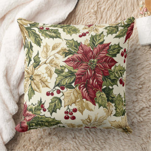 Coussin Poinsettia de Noël Champagne Rouge Cerise et Houx