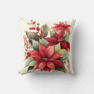 Coussin Poinsettia Holly Berry Rouge Blanc Fleur Noël