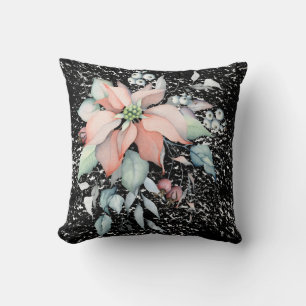 Coussin Poinsettia Scène de neige, noir, baies, 2 côtés