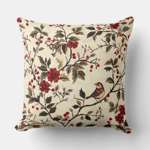 Coussin Poinsettia Vintage Oiseau Noël Crème Rouge