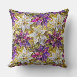 Coussin Poinsettias de Noël blanc or violet rose