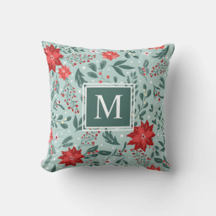Coussin Poinsettias festives et Holly Berries Monogramme T