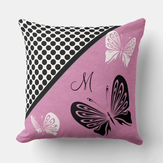 Coussin Point de polka de papillon sur le monogramme rose (Recto)