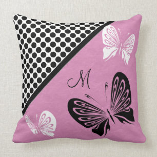 Coussin Point de polka de papillon sur le monogramme rose