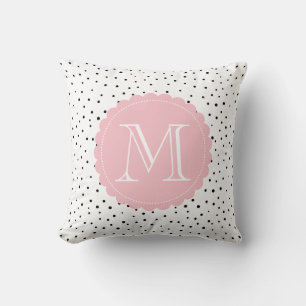 Coussin Points Confetti noirs et blancs Monogramme rose pâ