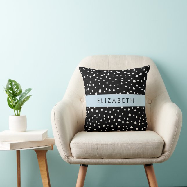 Coussin Points dalmatiens, Spots, Noir et Blanc, Votre nom (Chaise)
