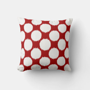 Coussin Points Ikat géants, points blancs sur rouge profon