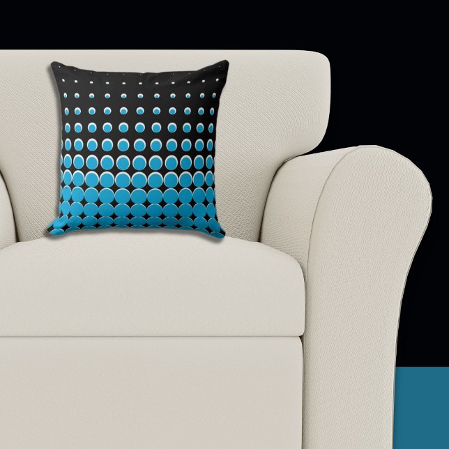 Coussin Points lumineux noirs et bleus modernes (Pillow, Black and Blue Halftone Pattern)