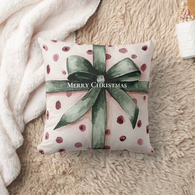 Coussin Points roses de Noël Ruban vert & Bow (Couverture)