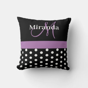 Coussin Pois de script de monogramme noir blanc violet