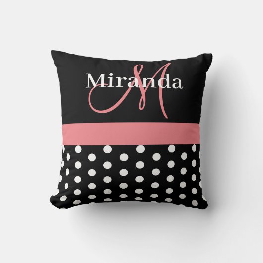 Coussin Pois de script de monogramme rose noir blanc (Recto)