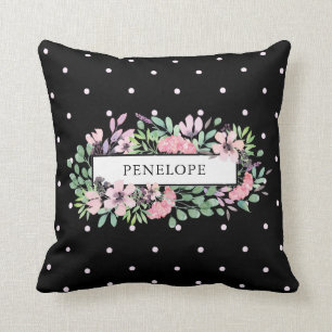 Coussin Pois floral de la belle aquarelle   sur le noir