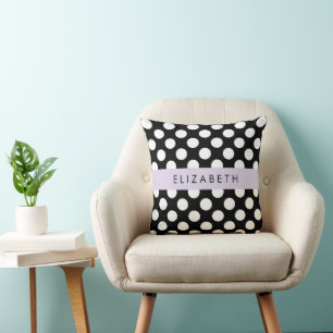 Coussin Pois noirs et blancs, pointillés, Votre nom