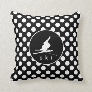 Coussin Pois noirs et blancs ; ski de neige
