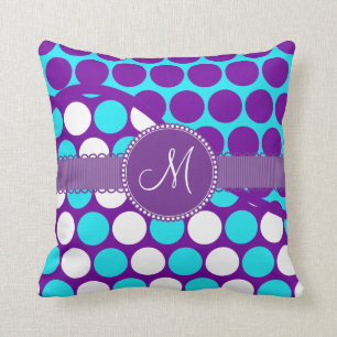 Coussin Pois pourpre turquoise d'initiale faite sur