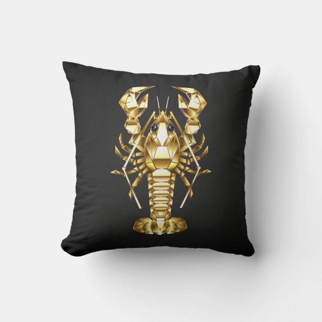Coussin Poisson à langouste polygonale dorée sur noir (Recto)