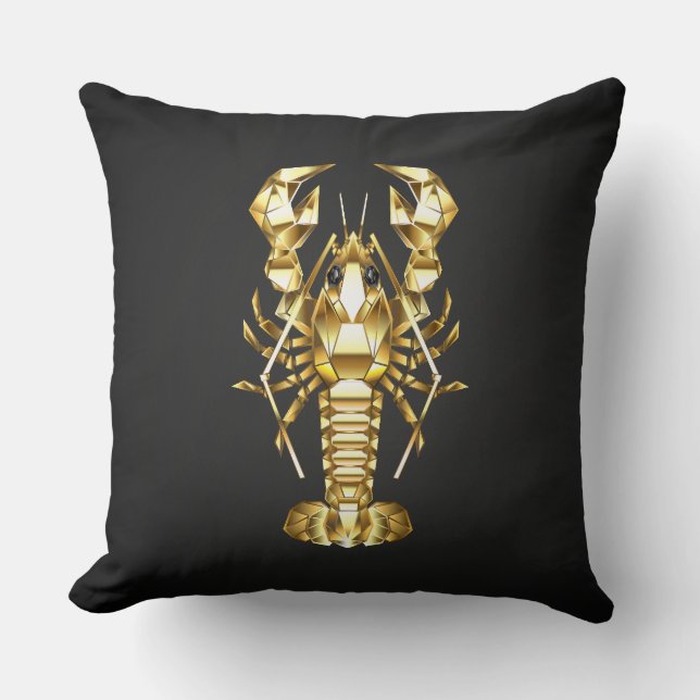 Coussin Poisson à langouste polygonale dorée sur noir (Recto)