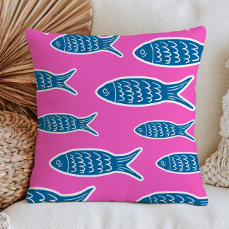 Coussin Poisson bleu sur océan esthétique dopamine rose ch