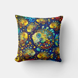Coussin "Poisson de Puffer psychédélique - Art sous-marin 