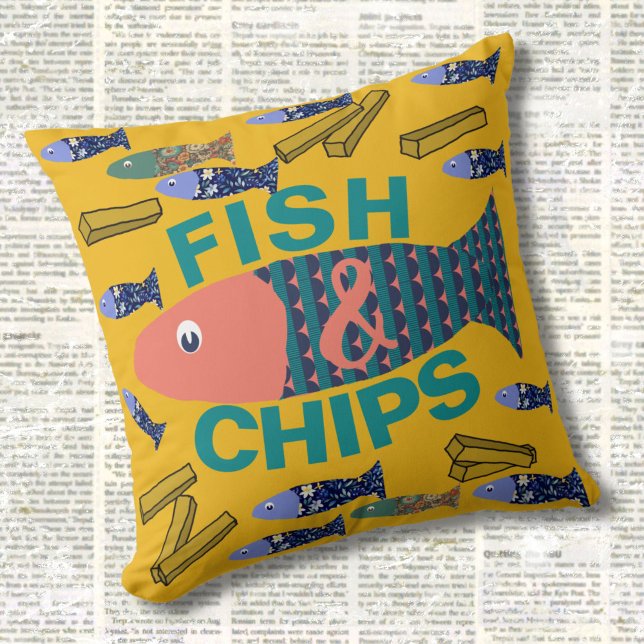 Coussin Poisson et chips, Balnéaire, chippé, Maison de pla (Créateur téléchargé)