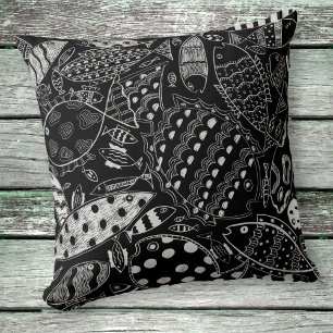 Coussin Poisson Noir Et Blanc Motif Art Moderne