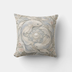 Coussin Poissons Ivoire Bleu Style Relief Porcelaine