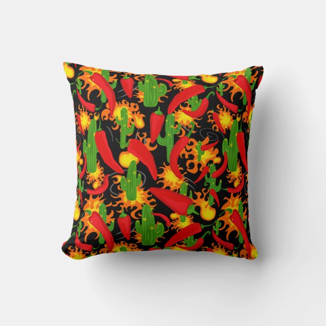Coussin Poivrons, Cactus et Flammes Amusants (Recto)