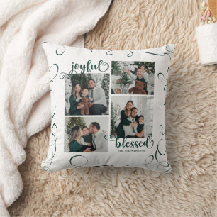 Coussin Polices élégantes Joyeux Bénis Script 4 Photos Nom