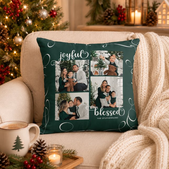 Coussin Polices élégantes Joyeux Bénis Script 4 Photos Nom (Créateur téléchargé)