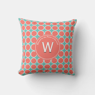 Coussin POLKA DOT Corail Bleu Monogramme personnalisé Écri