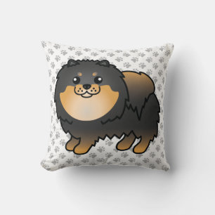 Coussin Pomeranian noir et feu, chien de dessin animé mign