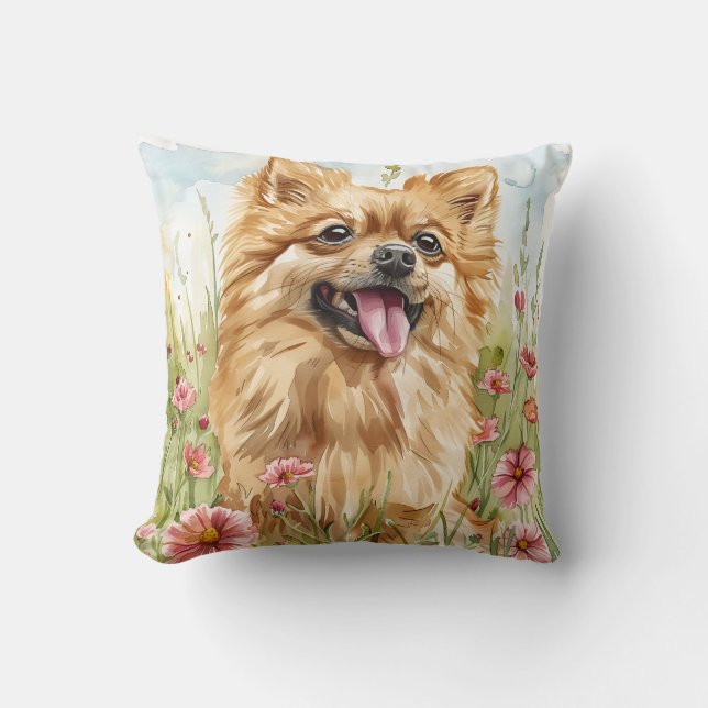 Coussin Pomeranian Throw Pillow – Watercolor (Recto)