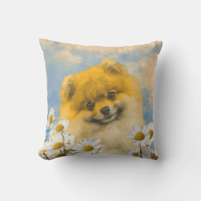 Coussin Poméranien dans Daisies Peinture - Art Chien origi (Recto)