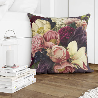 Coussin Pomme de prune violette et fleurs moelleuses rose