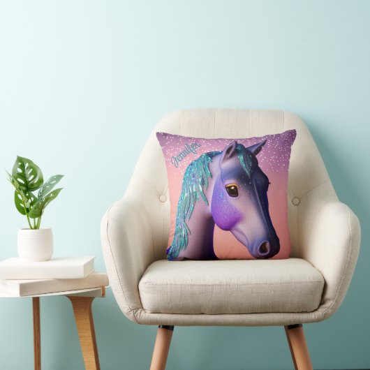 Coussin Pony magique en violet et Turquoise avec nom perso (Chaise)