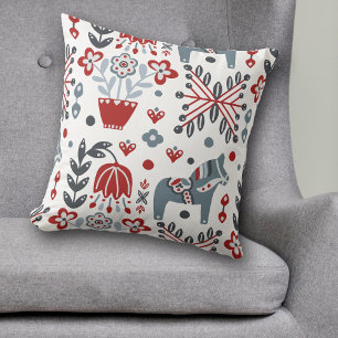 Coussin Pony nordique et motif floral en gris et rouge