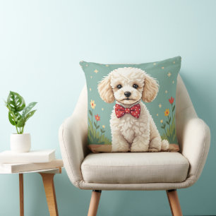 Coussin Poodle blanc adorable avec nœud papillon