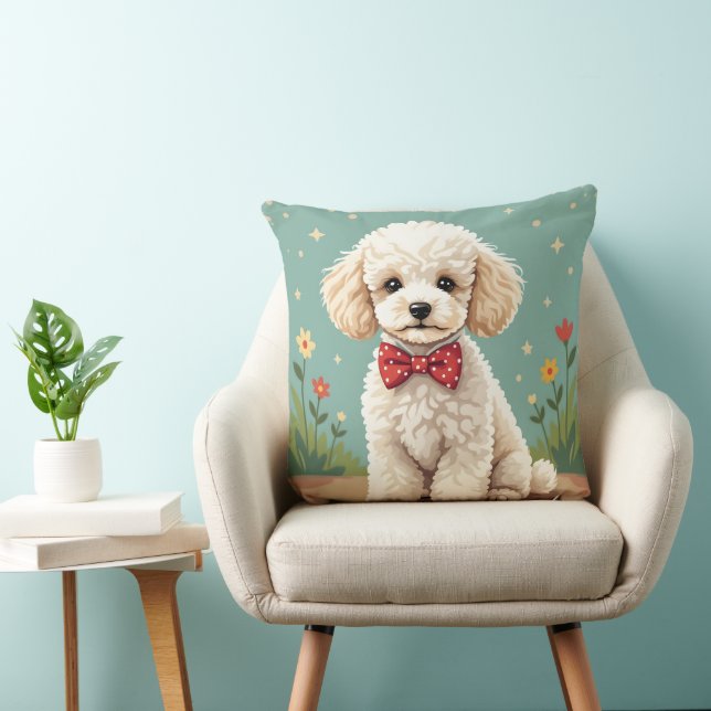 Coussin Poodle blanc adorable avec nœud papillon (Chaise)