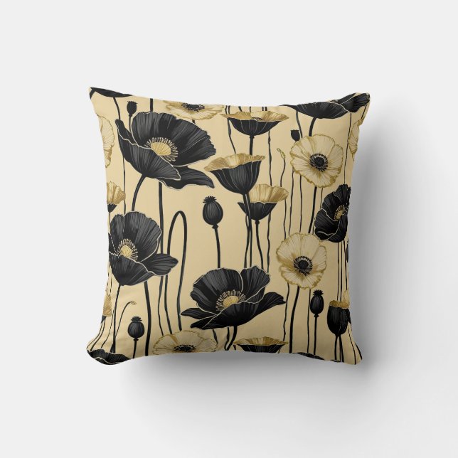 Coussin Poppies noires, blanches et d'or (Recto)